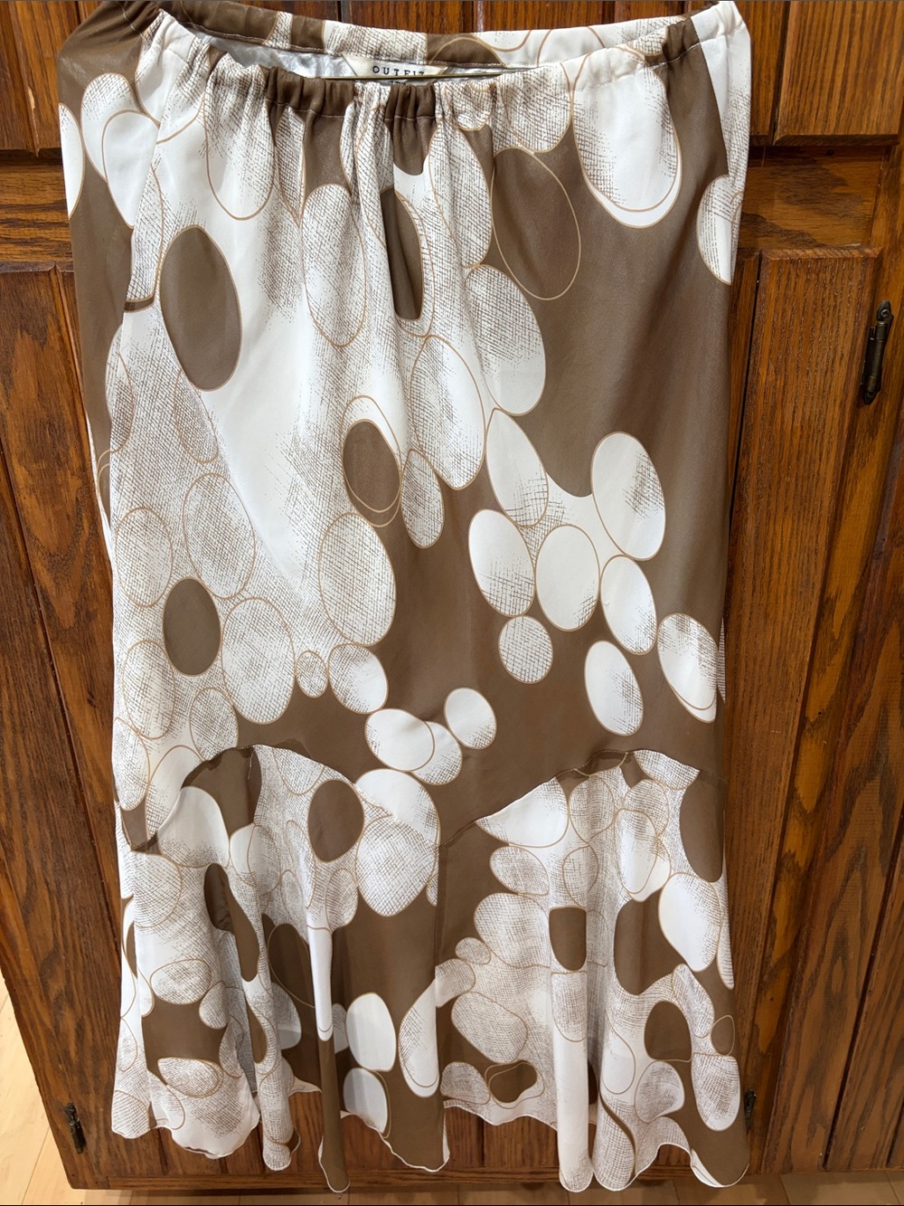 Polished Brown & White Polka Dot long skirt
Size Large 
Like New